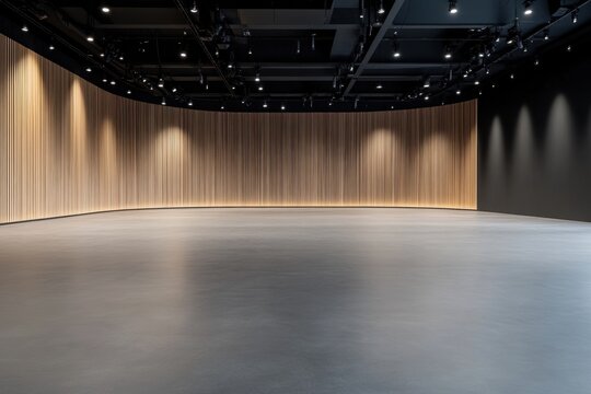 Sleek event space features a curving wooden wall, concrete floor, and modern spotlighting