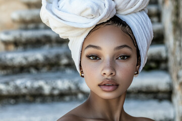 Portrait of a woman with glowing skin, a white towel headwrap, and natural makeup, radiating elegance and confidence outdoors
