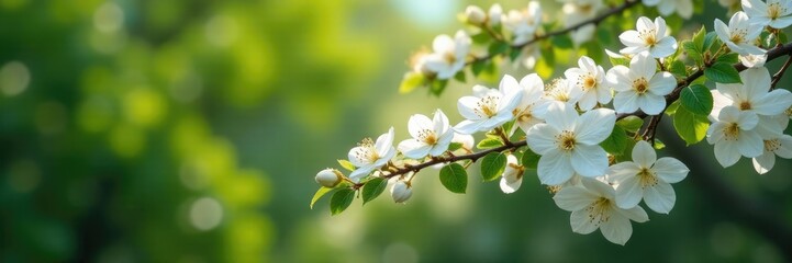 Fototapeta premium Delicate white flowers adorn the branches of a majestic tree, white jasmine tree, evergreen trees, tree blossoms
