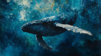 Fototapeta premium Humpback whale gracefully swimming beneath the ocean surface in vivid blue hues during daylight hours