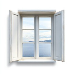 A rustic white window is opened to reveal a serene seascape, showcasing calm waters and distant mountains under a clear sky.