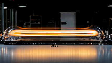 Obraz premium High-speed Experimental Setup Showcasing a Glowing Plasma Tube in a Laboratory Environment During an Electrifying Research Session