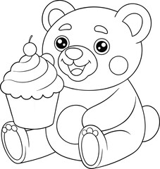 Adorable Cartoon Bear Cub Holding Delicious Birthday Cupcake