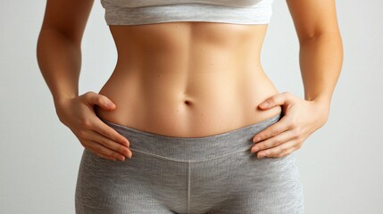 A confident woman presents her torso, emphasizing her toned physique. Dressed in casual gray attire, she radiates strength and well-being in a simple backdrop, celebrating fitness and wellness
