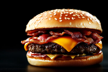 Delicious bacon cheeseburger gourmet fast food restaurant food photography dark background close-up shot culinary indulgence