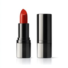 A sleek black lipstick tube with a vibrant red lipstick exposed, showcasing a stylish and modern design on a white background.