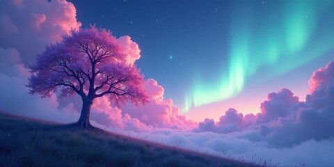 Serene Dreamscape A Lone Blossom Tree on a Hilltop, Bathed in the Pastel Hues of a Magical Sunset and Northern Lights