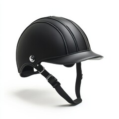 Fototapeta premium A sleek black riding helmet featuring a smooth leather finish and stylish stitching, designed for equestrian sports.