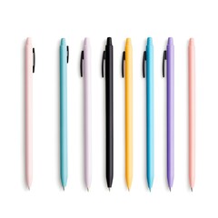 Colorful collection of pens arranged in a row on a white background for creative writing and artistic projects