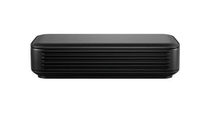 Immersive audio experience, sleek black speaker on a dark background for powerful sound