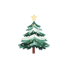 Fototapeta premium Holiday decoration on a Christmas tree featuring snow-tipped branches and colorful ornaments under a bright star