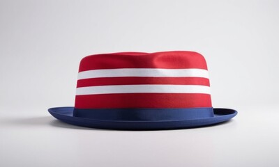 A stylish red and blue hat with white stripes, perfect for summer celebrations and festive occasions.