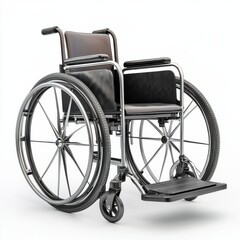 Fototapeta premium A sleek, modern wheelchair featuring a chrome frame, black upholstery, and large wheels, positioned against a white background.