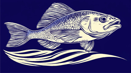 Elegant Blue Vector Illustration of a Fish with Detailed Scales and Aquatic Motif - Perfect for Marine Design, Nature Art, or Fishing Enthusiasts Seeking Unique Decor