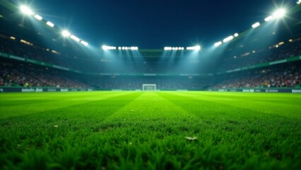 A Nighttime View of a Lush Green Field Within a Stadium Under Bright Lights