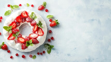 Naklejka premium A circular pavlova dessert topped with fresh strawberries, raspberries, and mint leaves, surrounded by scattered berries on a light blue background.