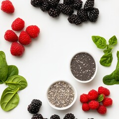 Fresh Berries, Chia Seeds, and Spinach A Healthy Food Flatlay