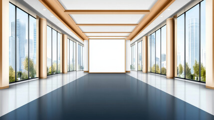 Fototapeta premium empty architectural hall with large windows showcasing city view. modern design features wooden accents and spacious layout, creating serene