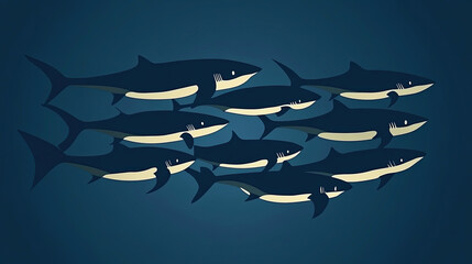 Obraz premium Group of Stylized Sharks Swimming Together in Dark Ocean Water During a Tranquil Underwater Moment