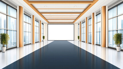 spacious architectural hall with large windows and blank screen, creating modern and inviting atmosphere