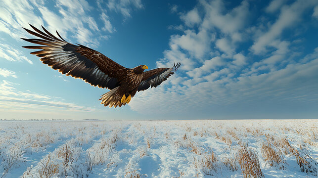 A powerful eagle soars over a vast, snow-covered field with its wings fully extended