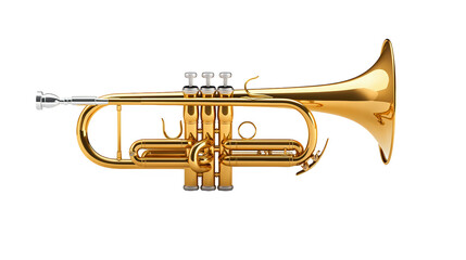 Obraz premium Golden trumpet on black, a captivating closeup of brass wind instrument gold