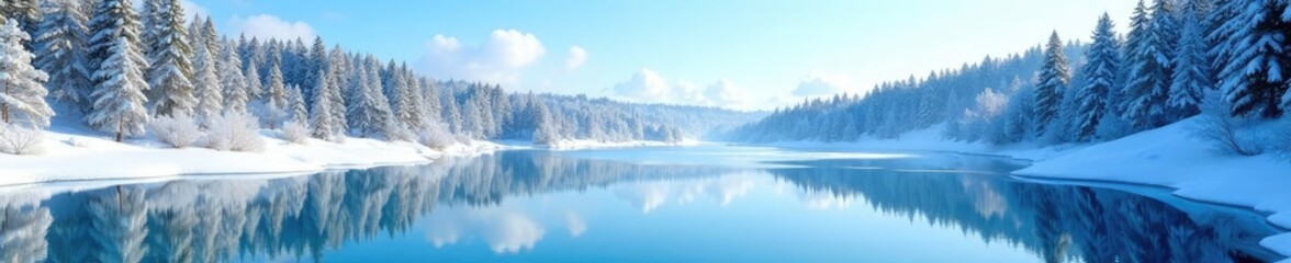 Fototapeta premium Frozen lake reflected in the clear blue sky with snow covered evergreen trees, peaceful, snow