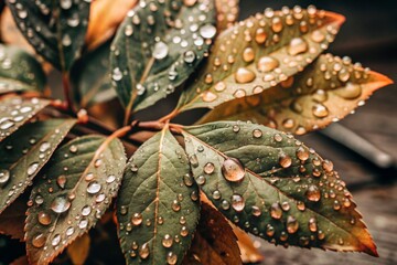 Close-up macro shot of red-green leaves, drops of water on the leaves. The texture.