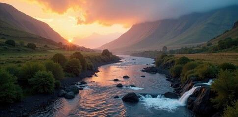 Fototapeta premium Misty dawn over river bank with hills in Scottish landscape, Waterfall, Foliage, Landscape