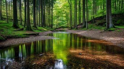 Obraz premium Serene forest stream reflecting lush green trees