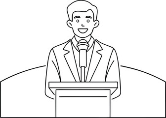 Smiling Speaker at Podium, Public Speaking, Presentation, Conference, Meeting, Microphone, Announcem