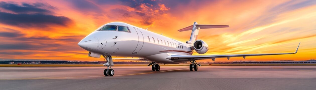 A sleek private jet is parked on the tarmac, illuminated by a stunning sunset in the background, showcasing vibrant colors in the sky.