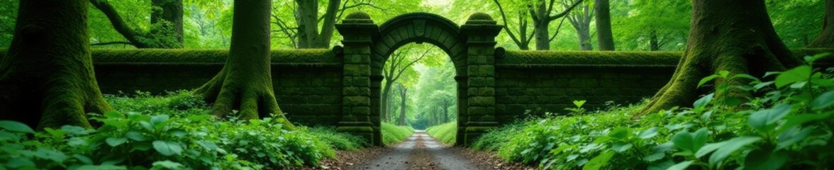 Moss-covered green gates blending into the surroundings like a natural part of the forest, foliage, arboreal, green gates
