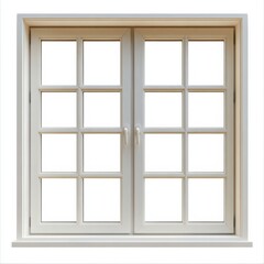 A white double-hung window with rectangular panes, featuring sleek handles and a simple frame against a white background.