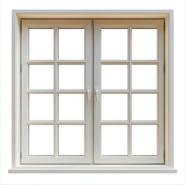 A white double-hung window with rectangular panes, featuring sleek handles and a simple frame against a white background.