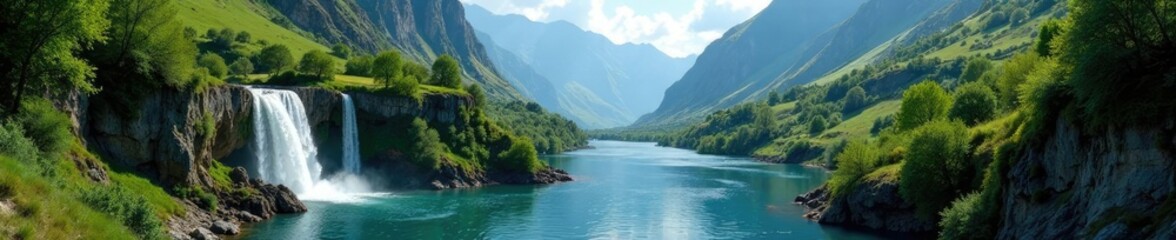 Obraz premium Mountain valley with riverside scenery and waterfalls, landscape, waterfall, torres
