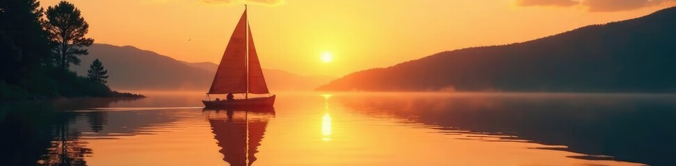 Fototapeta premium Muskrat's sailboat on lake during golden hour, serene, peaceful, reflection