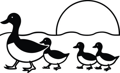 Duck Family Silhouette Sunset Water Birds Nature Scene Illustration