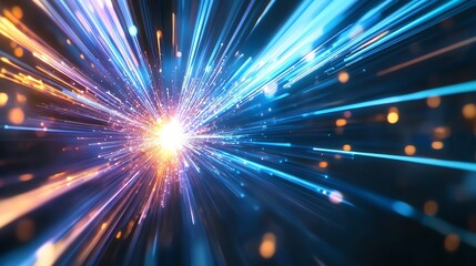 Fototapeta premium Dynamic abstract depiction of a bright light burst with vibrant blue and orange streaks, symbolizing speed, innovation, and dynamic energy in a futuristic digital environment.