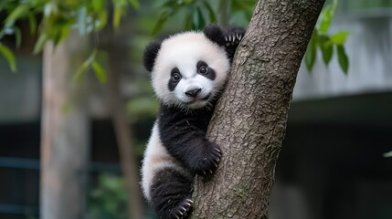 Obraz premium Playful panda cub climbing tree, sanctuary background, adorable wildlife