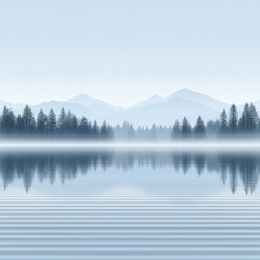 A serene landscape featuring misty mountains reflected in a calm lake, surrounded by evergreen trees under a soft blue sky.