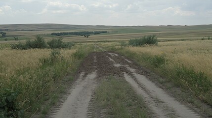 Dusty rural road through a golden field under a cloudy sky
