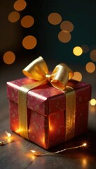 Ornate gift wrapped in luxurious golden ribbon, decorated, gold, festive lights