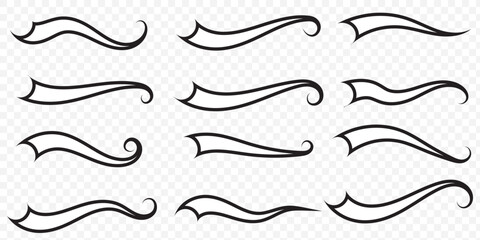 Obraz premium Swash and swoosh tails icon set. swirl, calligraphy, typography, brush, text, font, line, curly, stroke, underline, element, icons. Black solid icon collection. Vector illustration. EPS 10.