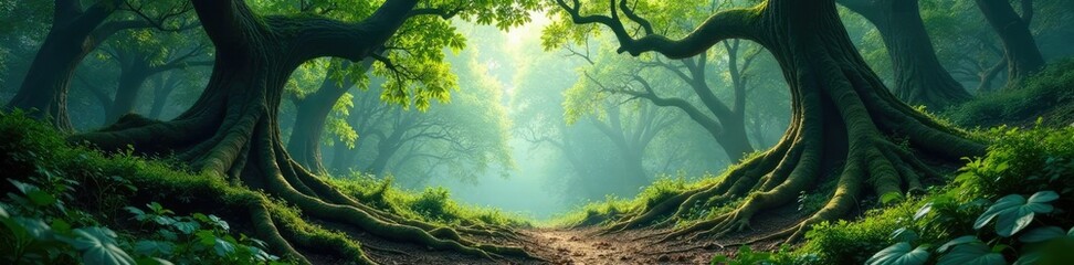 Overgrown forest with twisted trees and dense foliage, roots, canopy, woodlands