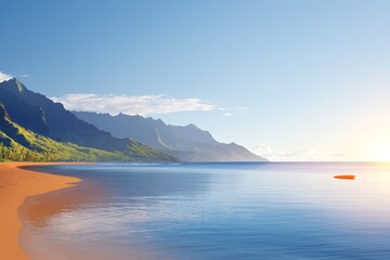 A serene beach scene featuring calm waters, mountains in the background, and a clear blue sky, creating a tranquil atmosphere.
