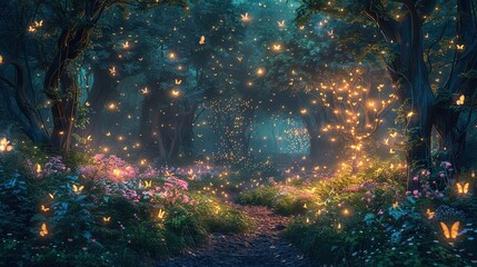 Obraz premium Enchanted Fantasy Forest Illustrations: Whimsical Woodlands with Glowing Mushrooms, Mystical Creatures, and Celestial Trees – Perfect for Storybook Art, Game Design, and Digital Painting Projects Embr