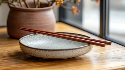 A set of wooden chopsticks resting on a ceramic plate, minimalist styling
