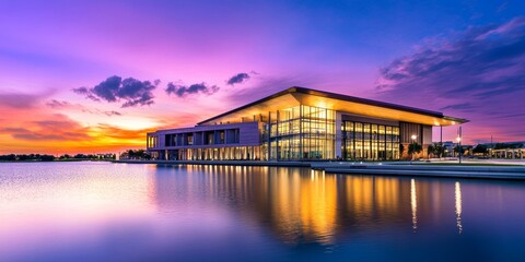 Fototapeta premium A stunning modern building reflects on water at sunset, featuring vibrant colors and a serene atmosphere.