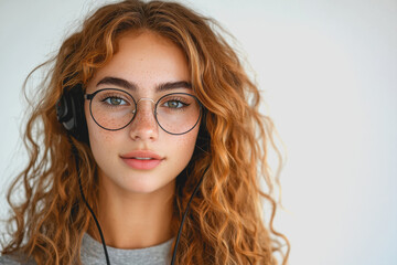 Woman with long red hair wearing glasses posing against a neutral background